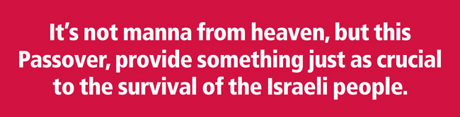 It's not manna from heaven, but this Passover, provide something just as crucial to the survival of the Israeli people.