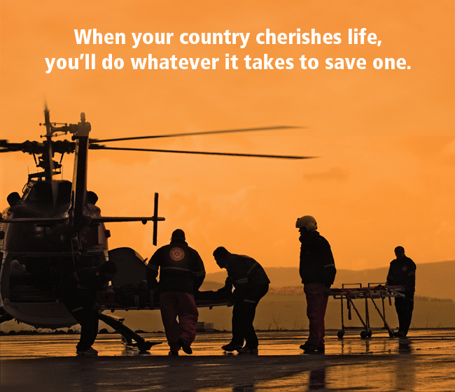 Photo of MDA helicopter at sunset. Text: When your culture values life, you'll spare almost nothing to save one
