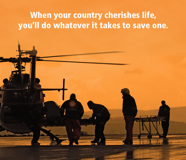Photo of MDA helicopter at sunset. Text: When your culture values life, you'll spare almost nothing to save one