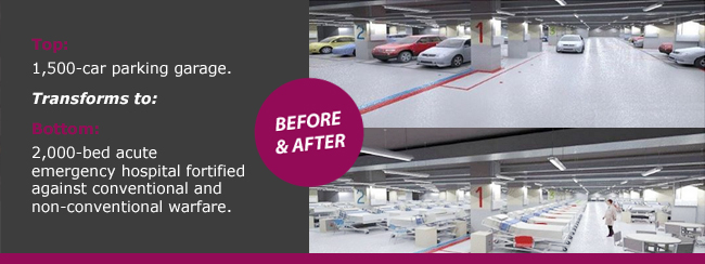 Top: 1,500-car parking garage. Transforms to: Bottom: 2,000-bed acute emergency hospital fortified against conventional and non-conventional warfare.